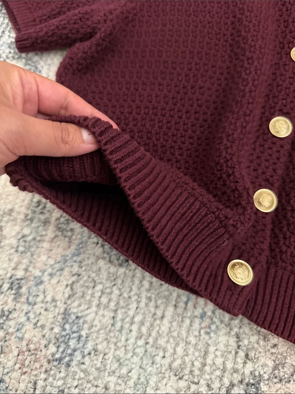H&M Short-Sleeve Textured Knit Cardigan in Burgundy with Gold Buttons